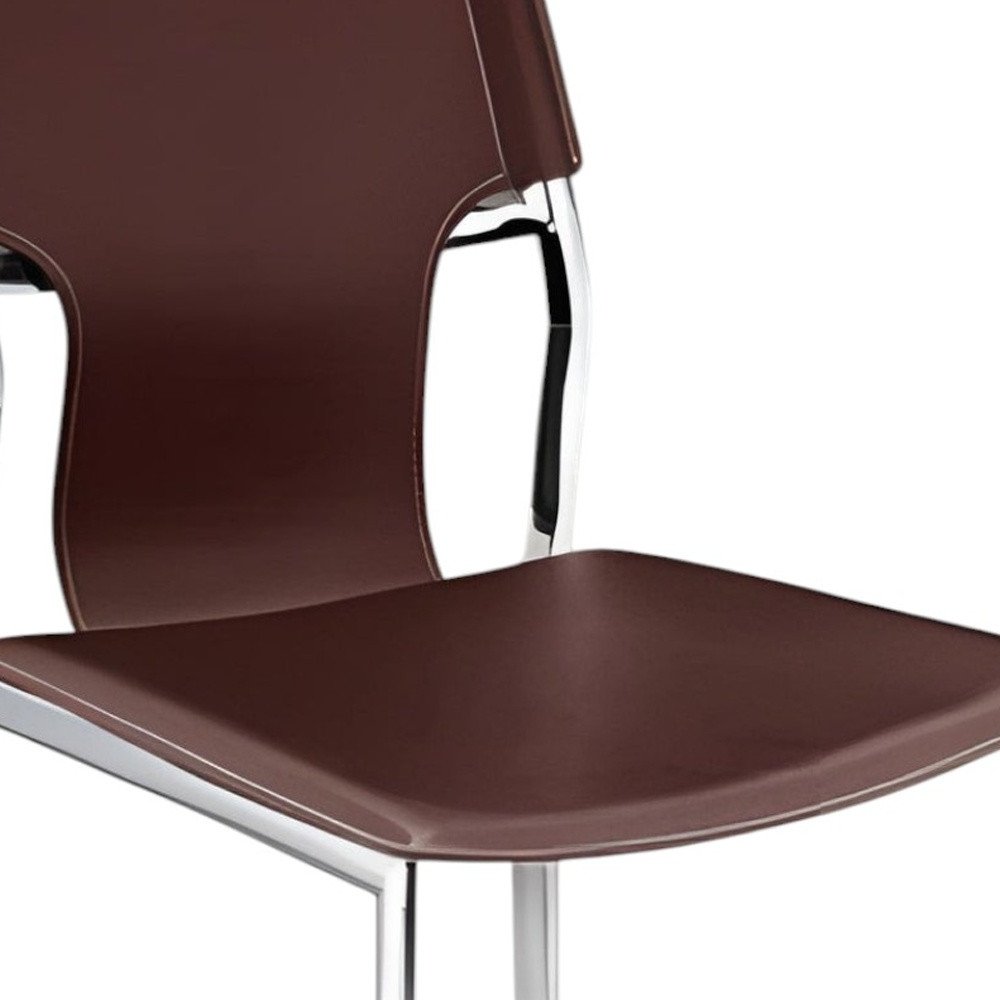 Set of Four Dark Brown And Silver Leather And Metal Partially Open Back Dining Side Chairs