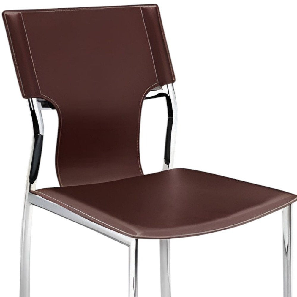 Set of Four Dark Brown And Silver Leather And Metal Partially Open Back Dining Side Chairs