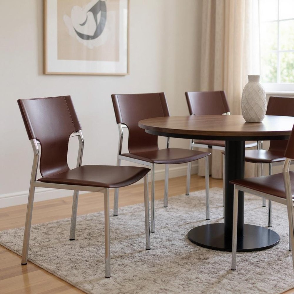 Set of Four Dark Brown And Silver Leather And Metal Partially Open Back Dining Side Chairs