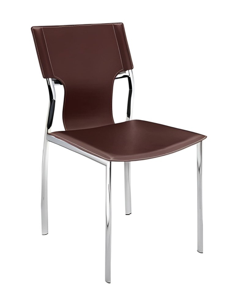 Set of Four Dark Brown And Silver Leather And Metal Partially Open Back Dining Side Chairs