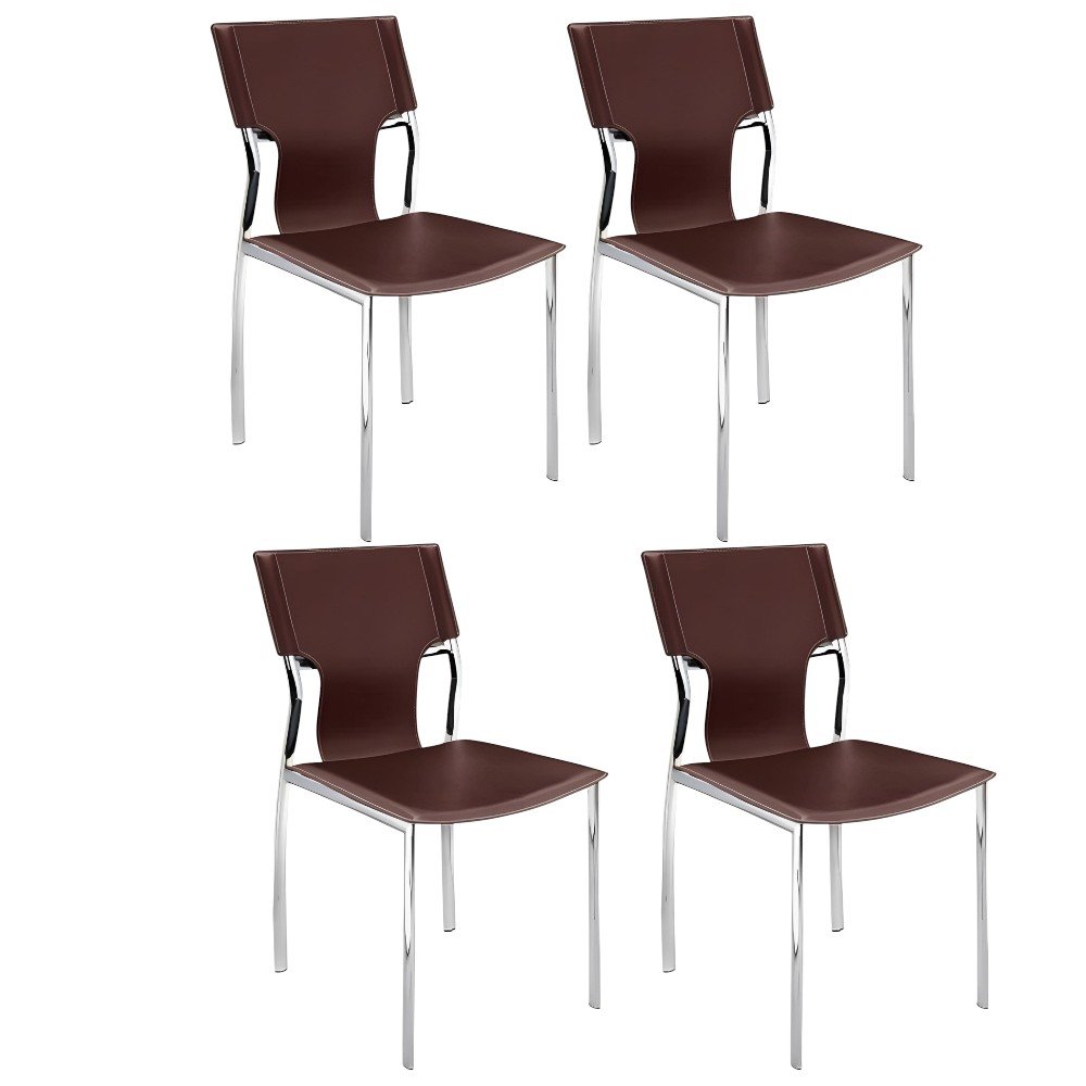 Set of Four Dark Brown And Silver Leather And Metal Partially Open Back Dining Side Chairs