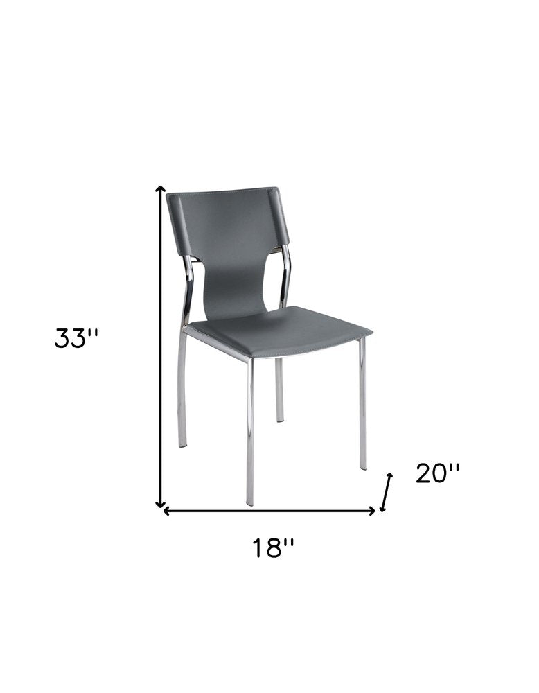 Set of Four Dark Brown And Silver Leather And Metal Partially Open Back Dining Side Chairs