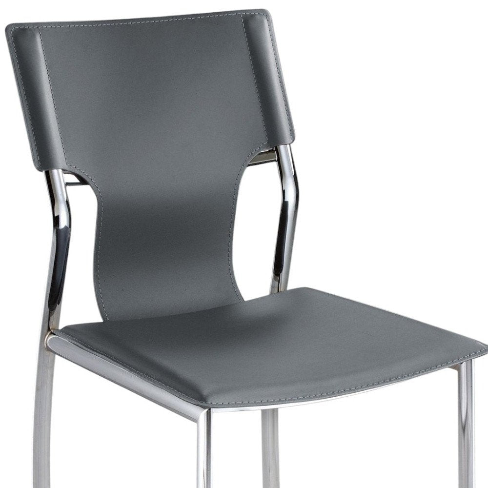 Set of Four Dark Brown And Silver Leather And Metal Partially Open Back Dining Side Chairs