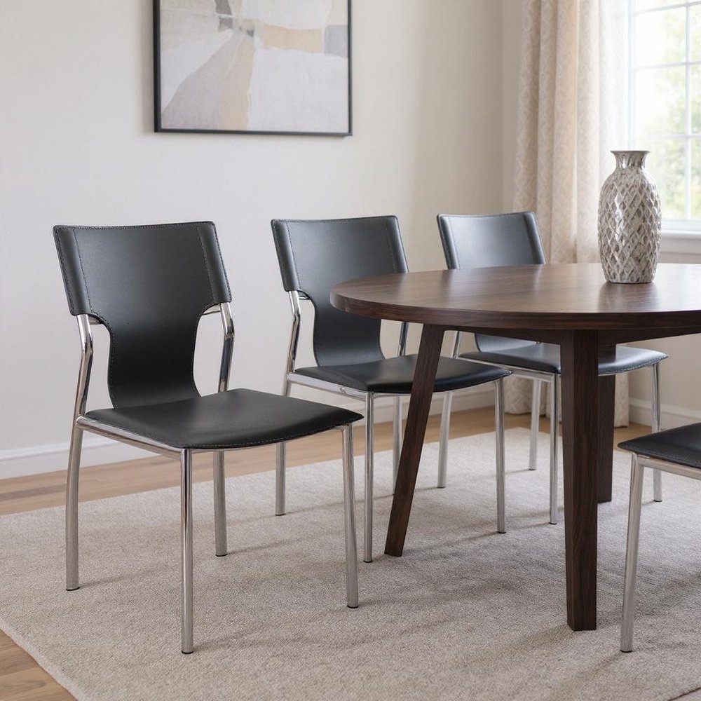 Set of Four Dark Brown And Silver Leather And Metal Partially Open Back Dining Side Chairs