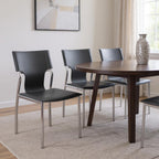 Set of Four Dark Brown And Silver Leather And Metal Partially Open Back Dining Side Chairs