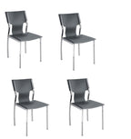 Set of Four Dark Brown And Silver Leather And Metal Partially Open Back Dining Side Chairs