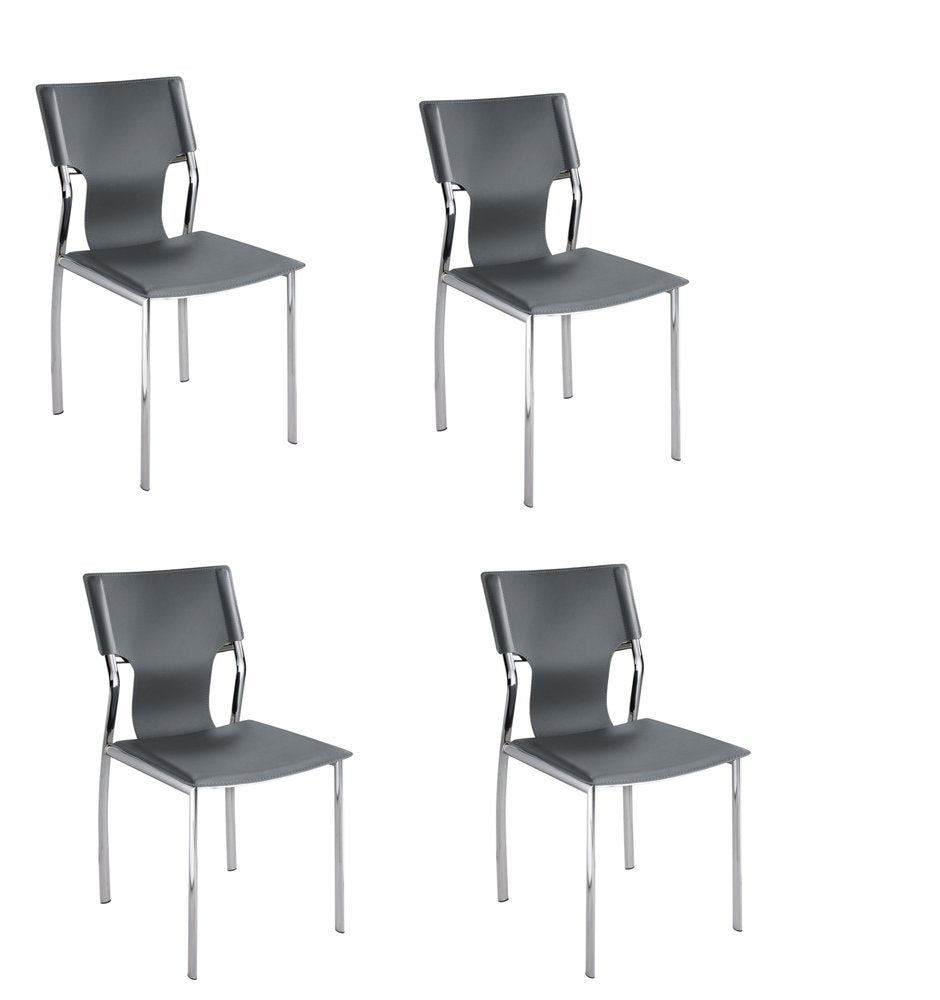 Set of Four Dark Brown And Silver Leather And Metal Partially Open Back Dining Side Chairs