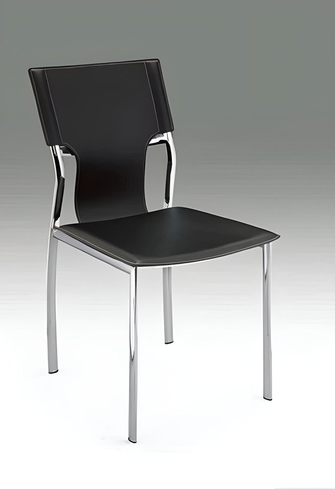 Set of Four Dark Brown And Silver Leather And Metal Partially Open Back Dining Side Chairs
