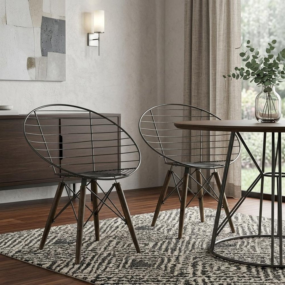 Set of Two Gray And Brown Metal Open Back Dining Side Chairs