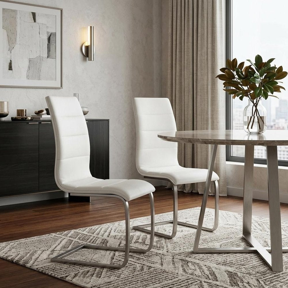 Set of Two White And Silver Faux Leather And Metal Dining Side Chairs