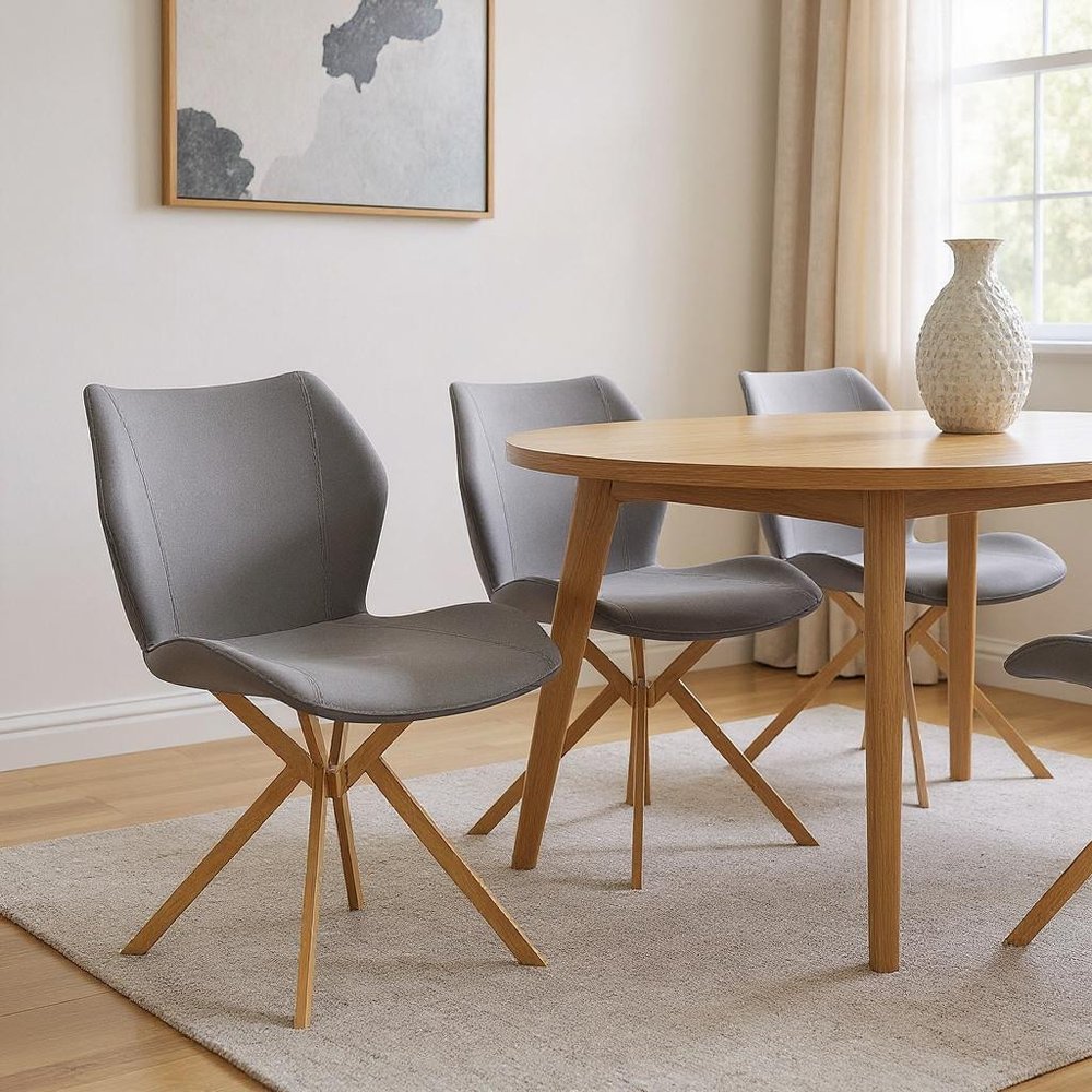 Set of Four Gray And Gold Faux Leather And Metal Dining Side Chairs