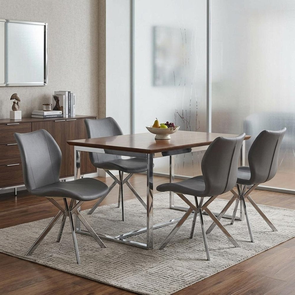 Set of Four Gray And Silver Faux Leather And Metal Dining Side Chairs