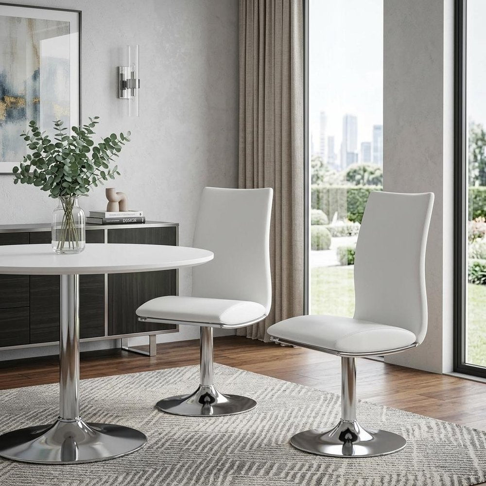 Set of Two Black And Silver Faux Leather And Metal Swivel Dining Side Chairs