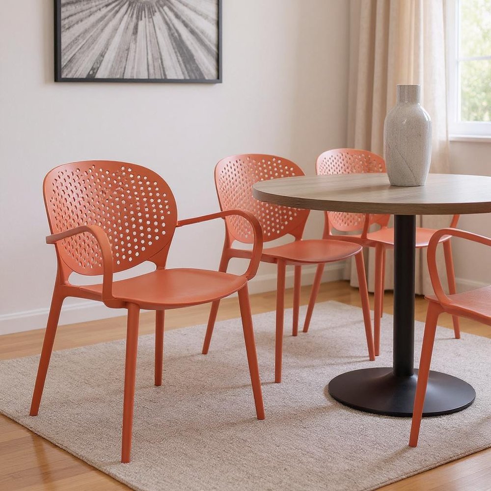 Set of Four Orange Heavy Duty Plastic Partially Open Back Dining Arm Chairs