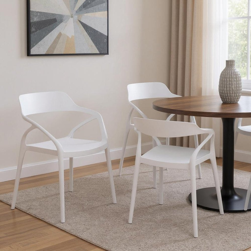 Set of Four White Heavy Duty Plastic Open Back Dining Arm Chairs