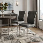 Set of Two Gray And Silver Faux Leather And Stainless Steel Dining Side Chairs