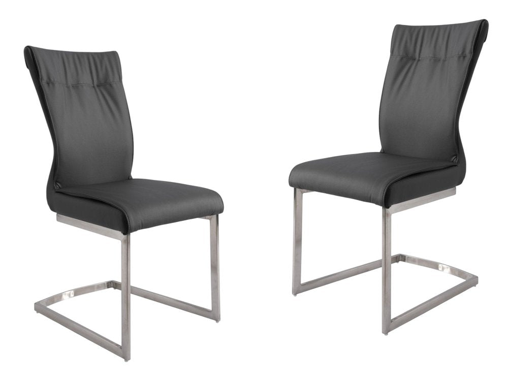 Set of Two Gray And Silver Faux Leather And Stainless Steel Dining Side Chairs