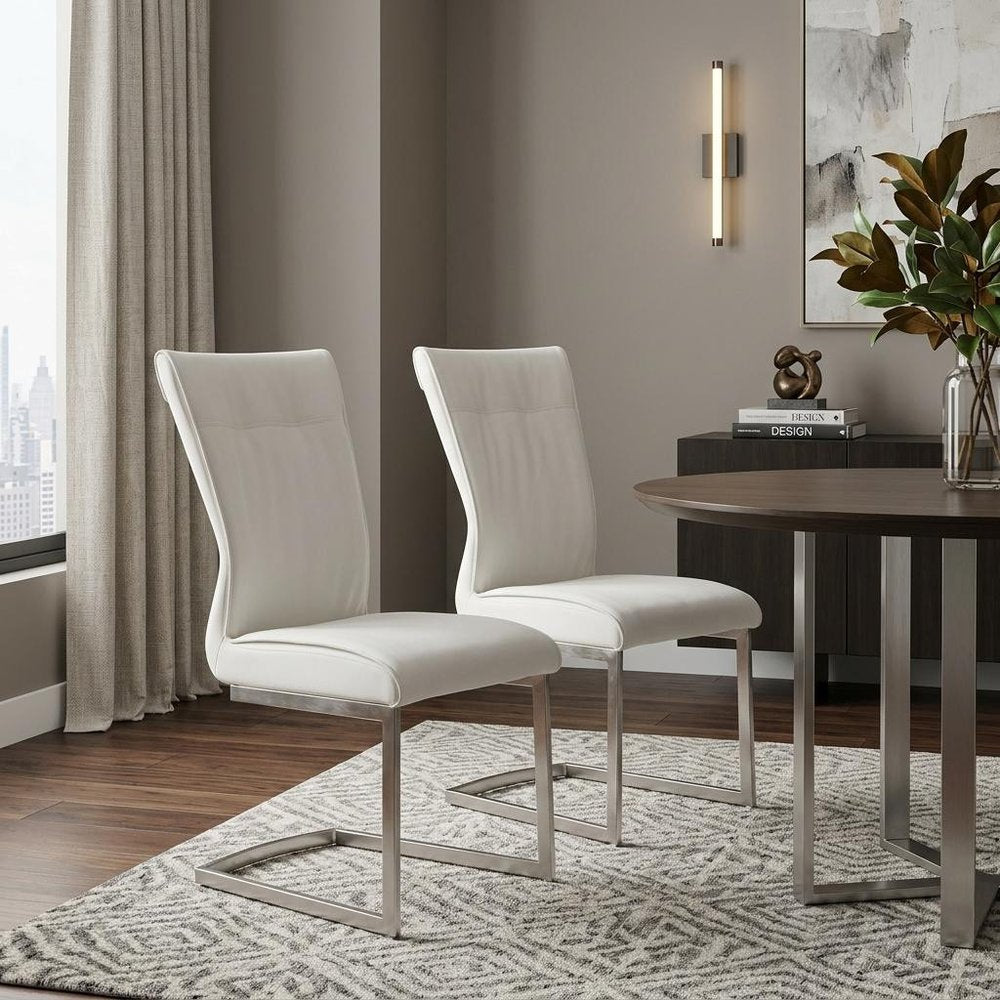 Set of Two Gray And Silver Faux Leather And Stainless Steel Dining Side Chairs