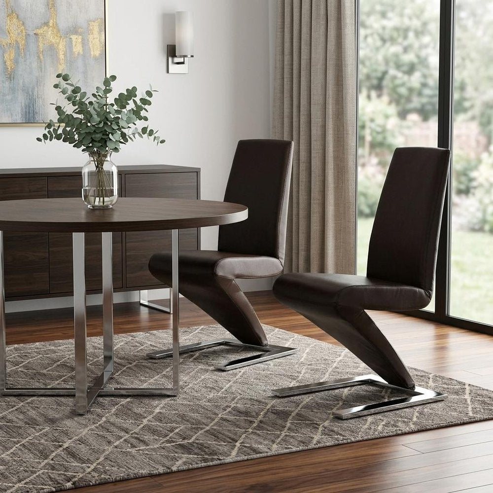 Set of Two Dark Brown And Silver Faux Leather And Metal Dining Side Chairs