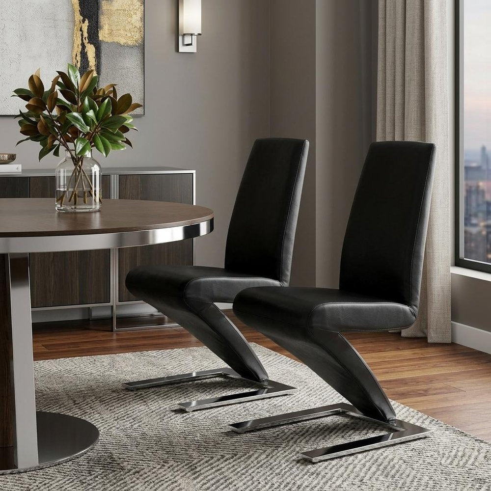 Set of Two Dark Brown And Silver Faux Leather And Metal Dining Side Chairs