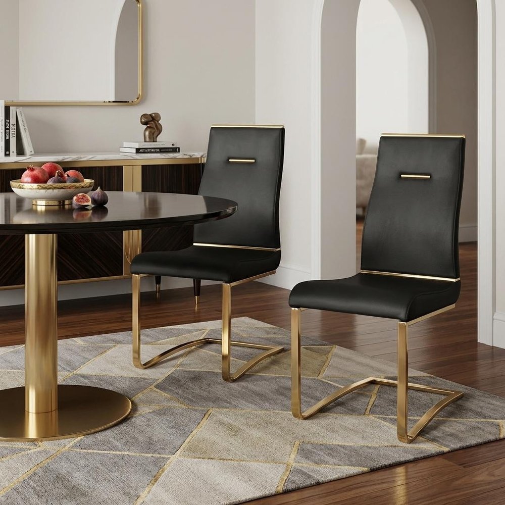 Set of Two Black And Gold Faux Leather And Stainless Steel Dining Side Chairs