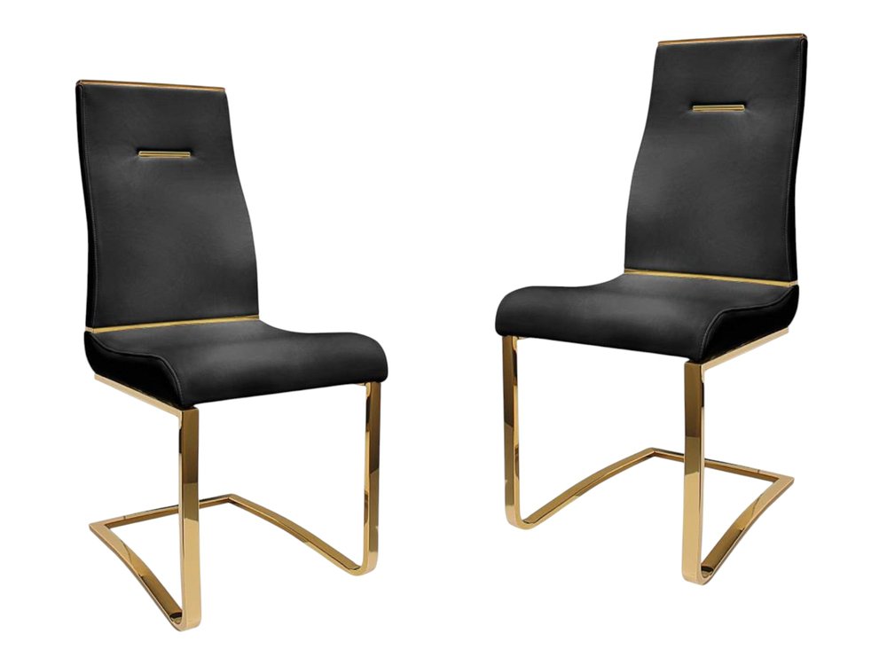 Set of Two Black And Gold Faux Leather And Stainless Steel Dining Side Chairs