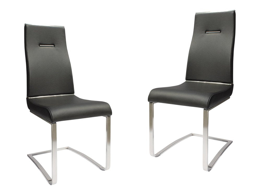 Set of Two Black And Silver Faux Leather And Stainless Steel Dining Side Chairs