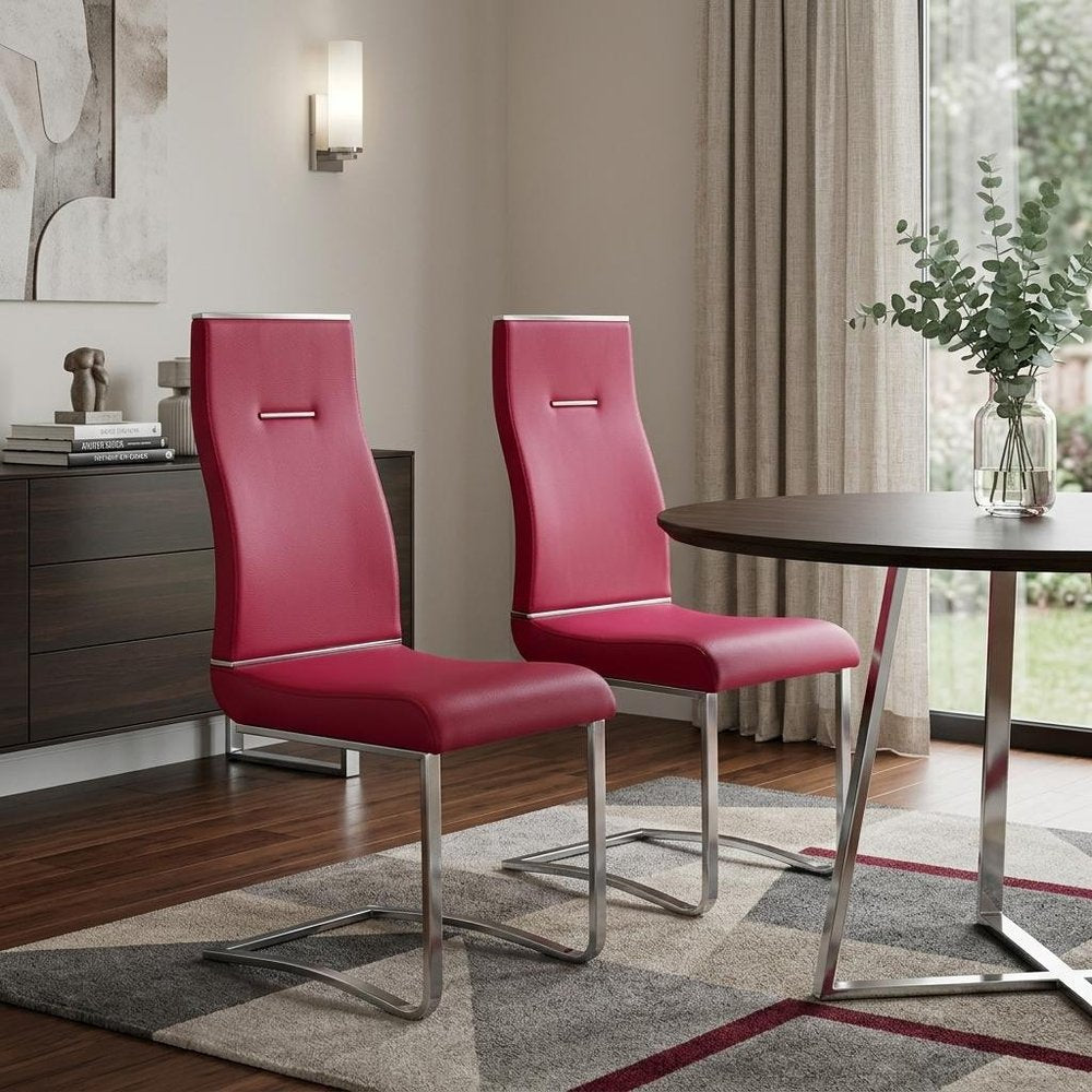 Set of Two Black And Silver Faux Leather And Stainless Steel Dining Side Chairs