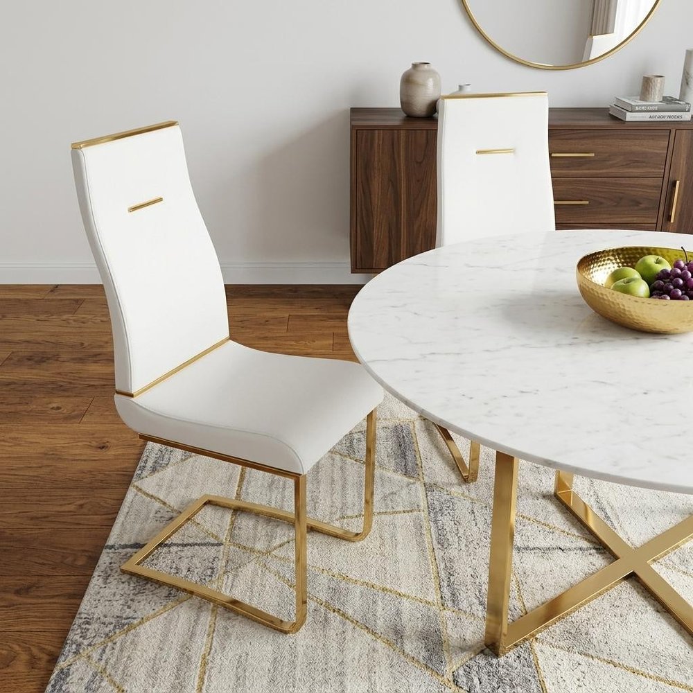 Set of Two Black And Gold Faux Leather And Stainless Steel Dining Side Chairs