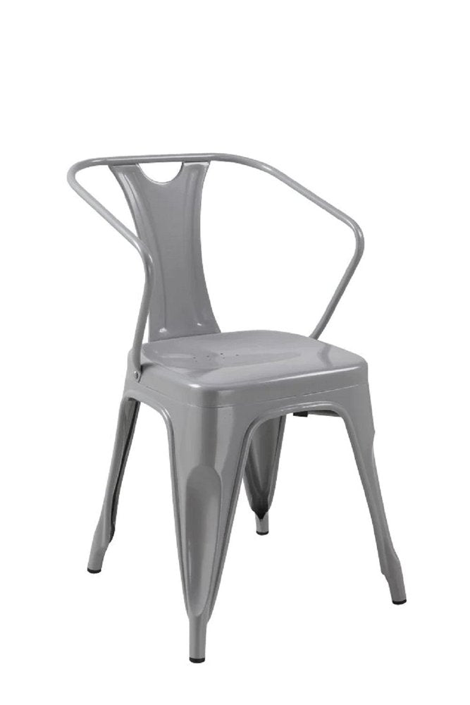 Set of Four Gray Metal Partially Open Back Dining Arm Chairs