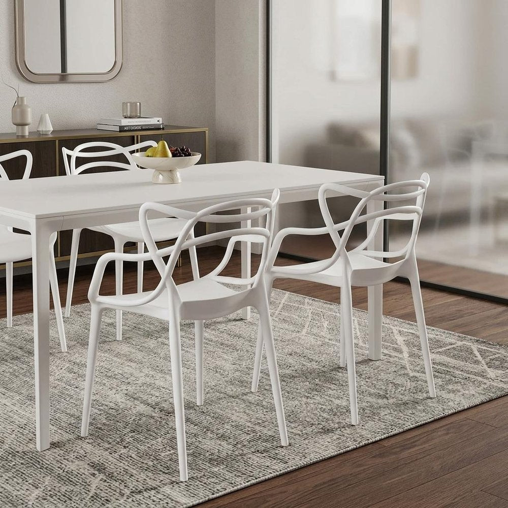 Set of Four White Heavy Duty Plastic Open Back Dining Arm Chairs