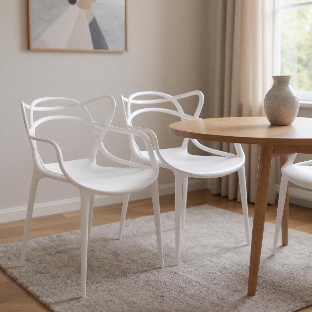 Set of Four White Heavy Duty Plastic Open Back Dining Arm Chairs