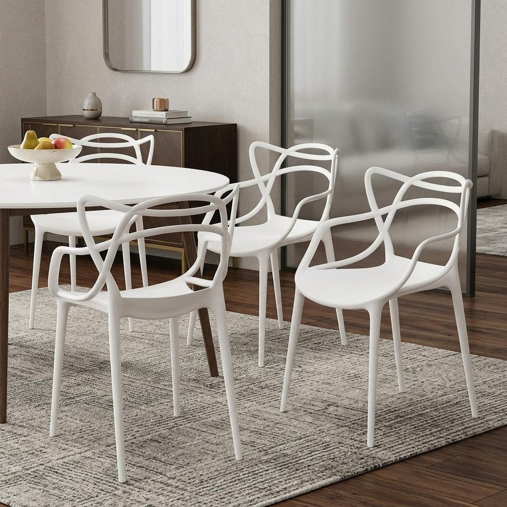Set of Four White Heavy Duty Plastic Open Back Dining Arm Chairs