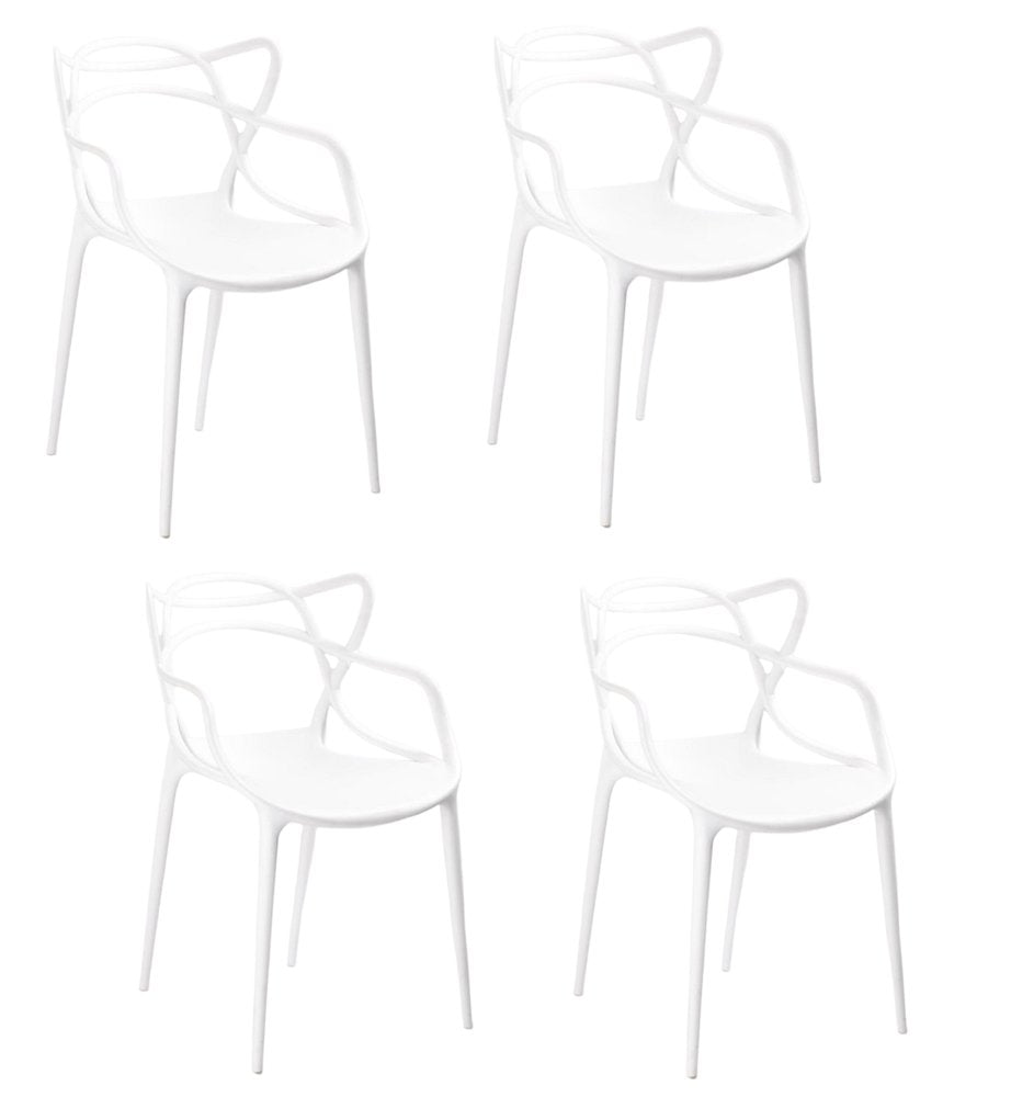Set of Four White Heavy Duty Plastic Open Back Dining Arm Chairs