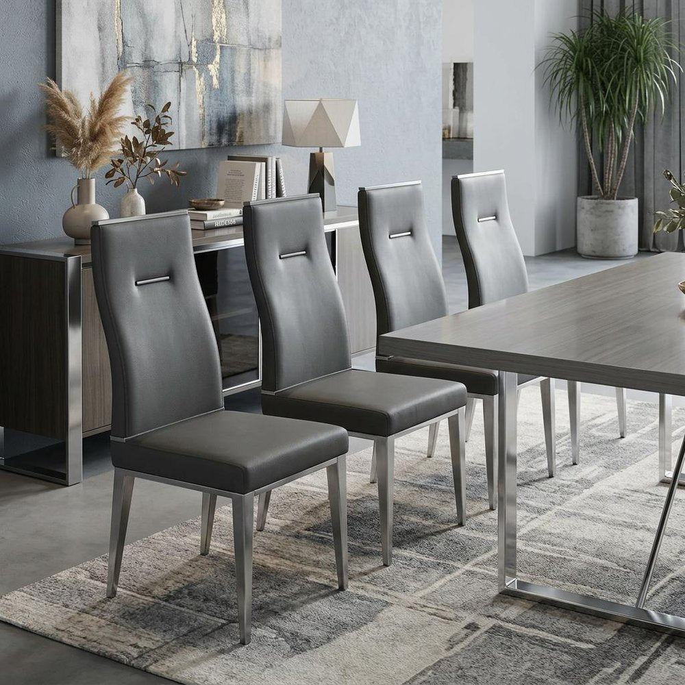 Set of Four Dark Gray And Silver Faux Leather And Wood Dining Side Chairs