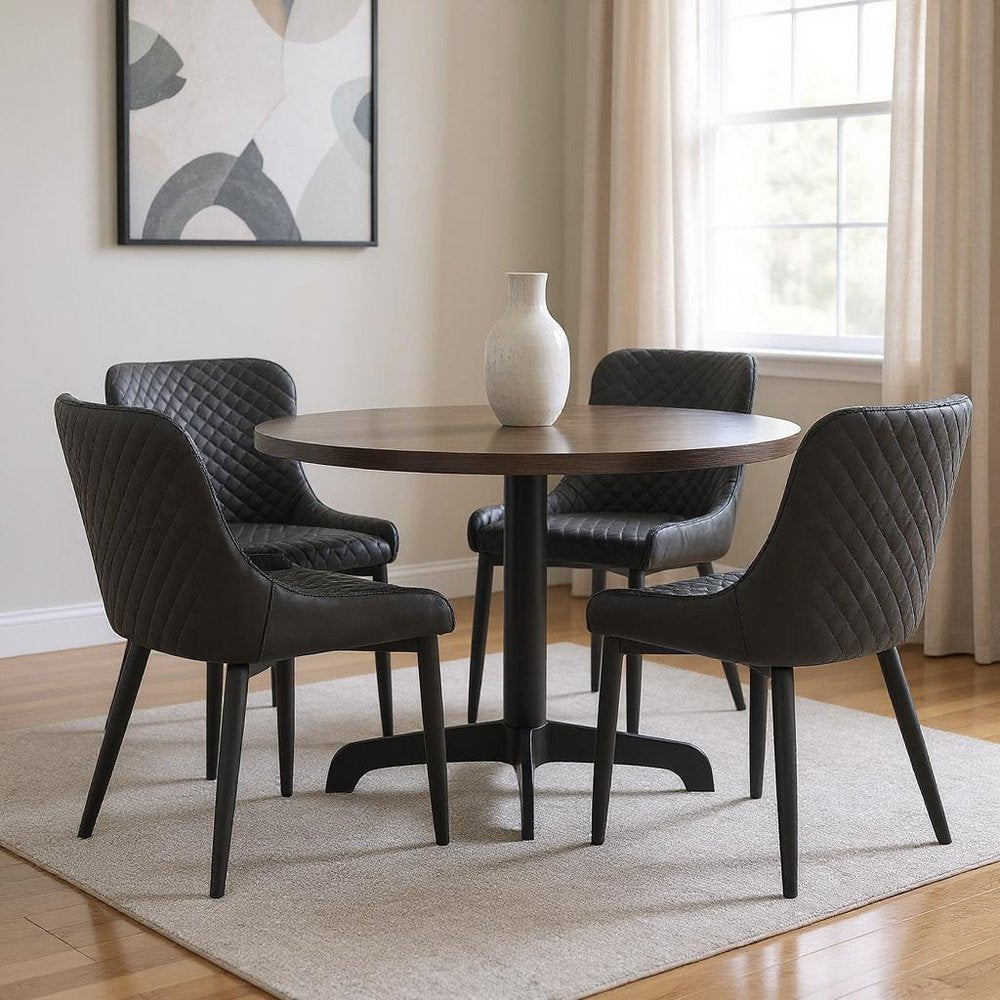Set of Four Dark Gray And Black Tufted Faux Leather And Metal Geometric Print Dining Side Chairs