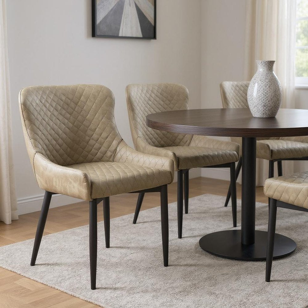 Set of Four Dark Gray And Black Tufted Faux Leather And Metal Geometric Print Dining Side Chairs
