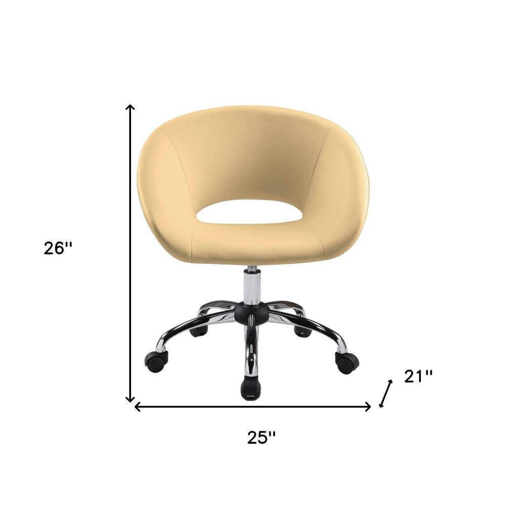 Beige and Silver Faux Leather Adjustable Height Swivel Rolling Office Chair