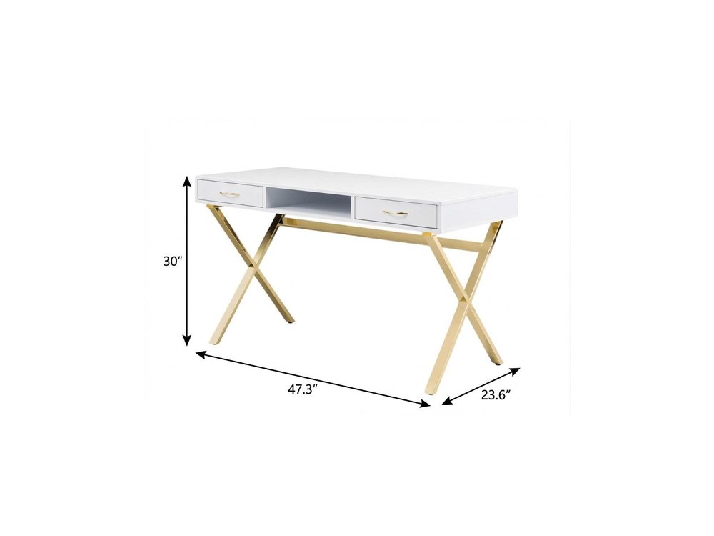 47" White and Gold Wood and Metal Computer Desk With Two Drawers