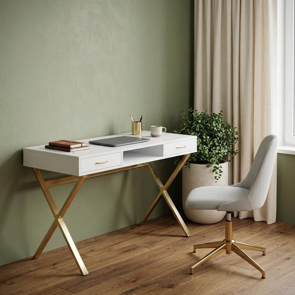 47" White and Gold Wood and Metal Computer Desk With Two Drawers