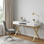 47" White and Gold Wood and Metal Computer Desk With Two Drawers