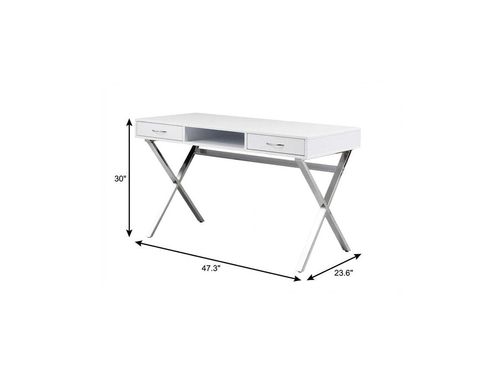 47" White and Gold Wood and Metal Computer Desk With Two Drawers