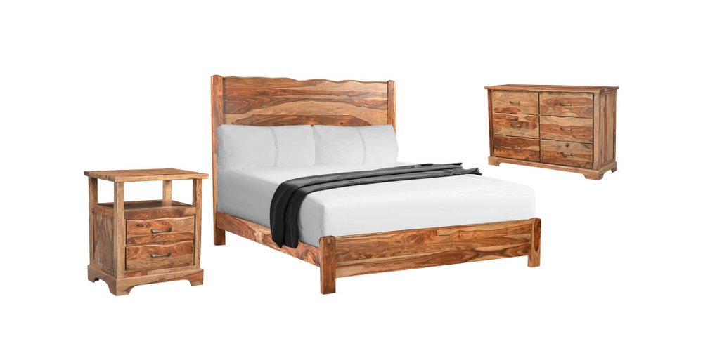 Three Piece Brown Solid Wood Bedroom Set