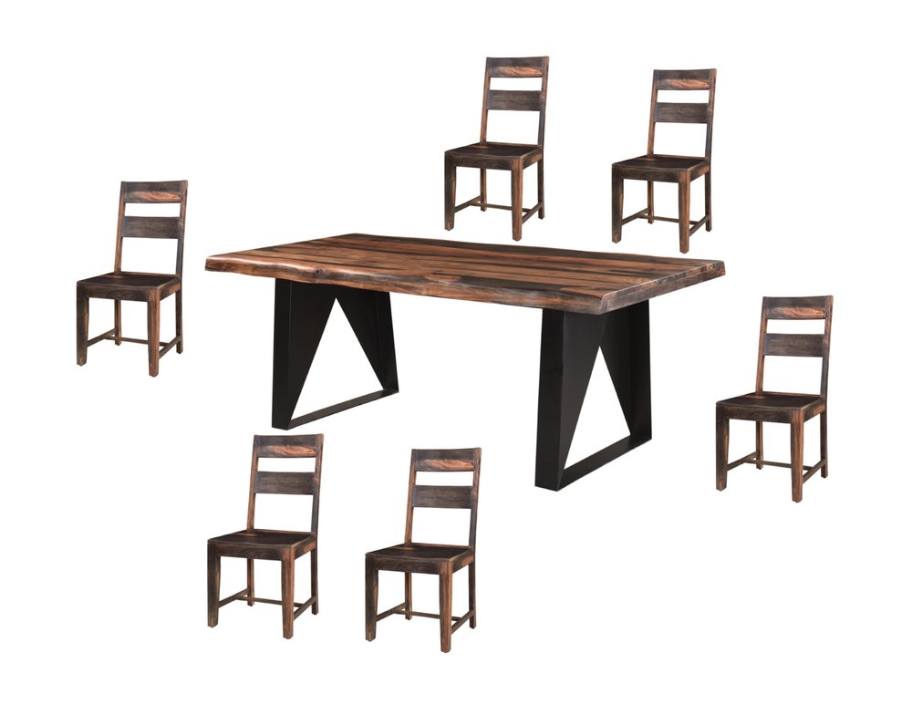 Seven Piece Brown and Black Solid Wood Dining Set with Six Chairs