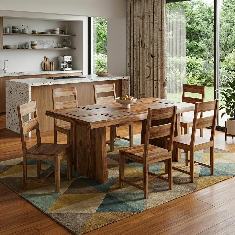 Nine Piece Brown Solid Wood Dining Set with Eight Chairs