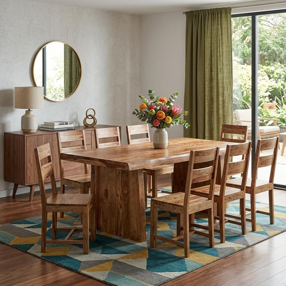 Nine Piece Brown Solid Wood Dining Set with Eight Chairs