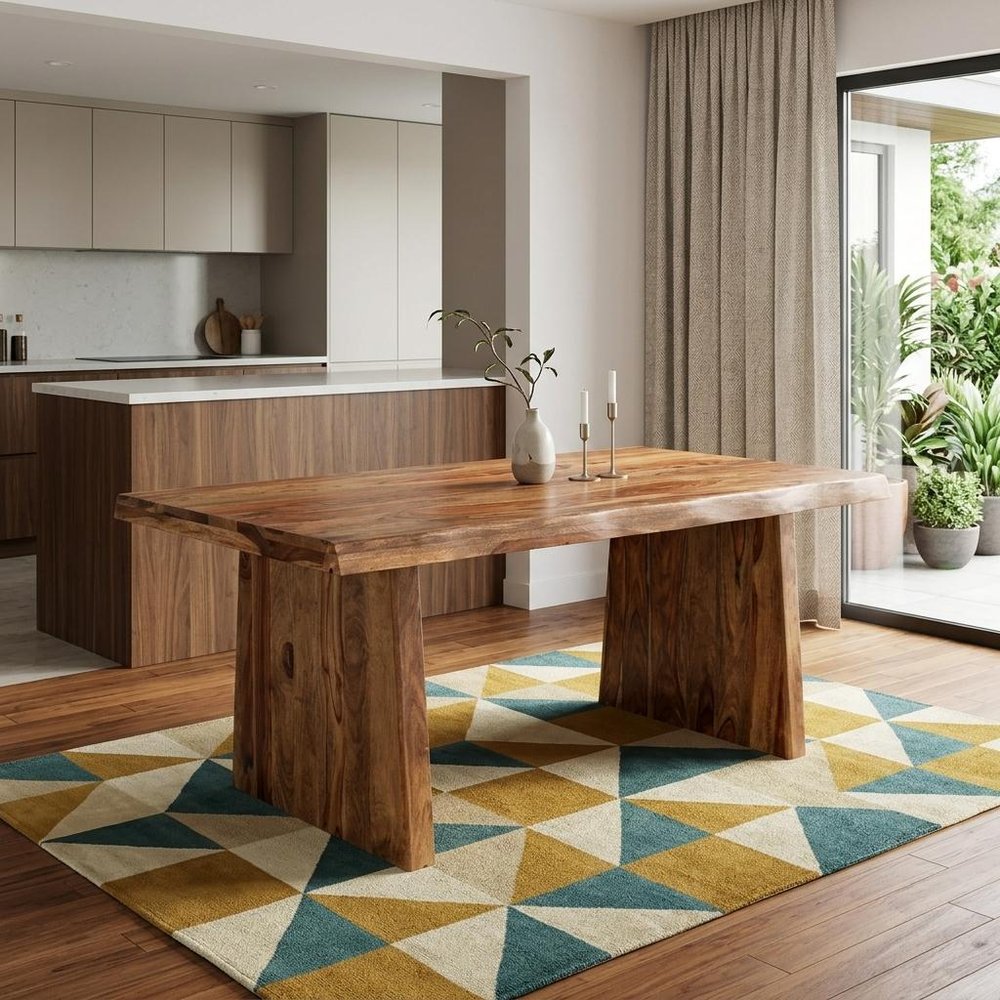 Nine Piece Brown Solid Wood Dining Set with Eight Chairs