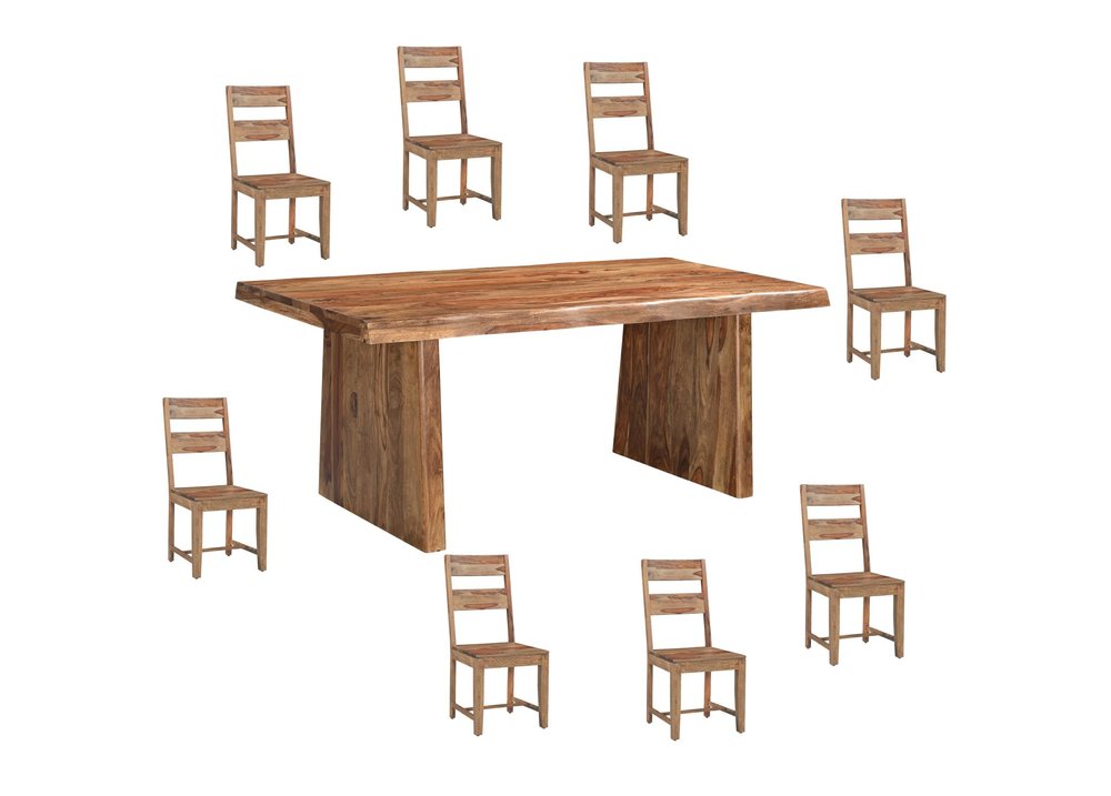 Nine Piece Brown Solid Wood Dining Set with Eight Chairs