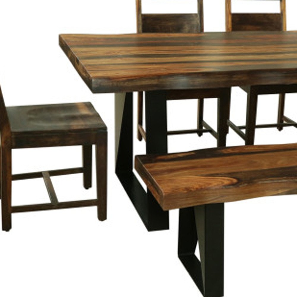 Six Piece Brown and Black Solid Wood Dining Set with Four Chairs and One Bench