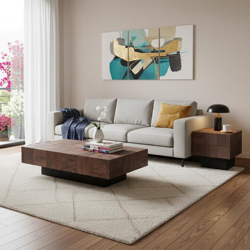 Set Of Two Natural and Brown Solid Wood Block Coffee Table